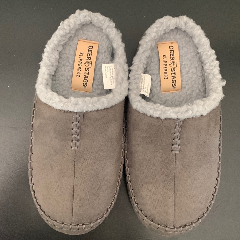 Deer Stags Slipperooz Size 5 Blue Gray Big-Kid Slippers NEW Rubber Sole Sherpa